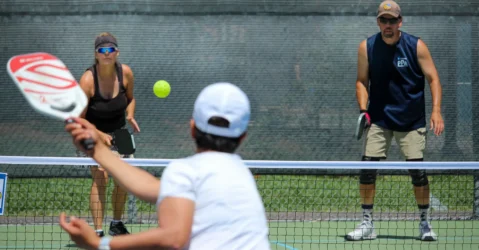 People playing pickleball on a court in Mountain View, California