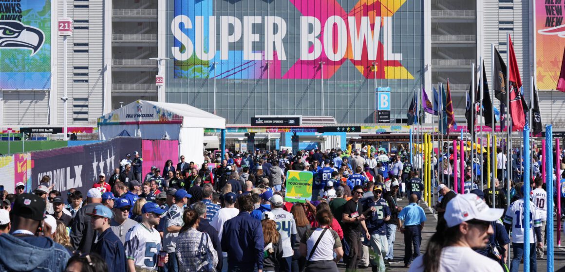 A crowd of people outside a stadium for the Super Bowl in Santa Clara, California