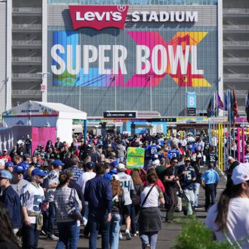 A crowd of people outside a stadium for the Super Bowl in Santa Clara, California