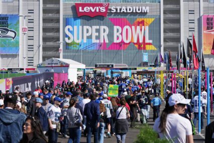 A crowd of people outside a stadium for the Super Bowl in Santa Clara, California