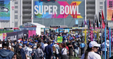 A crowd of people outside a stadium for the Super Bowl in Santa Clara, California