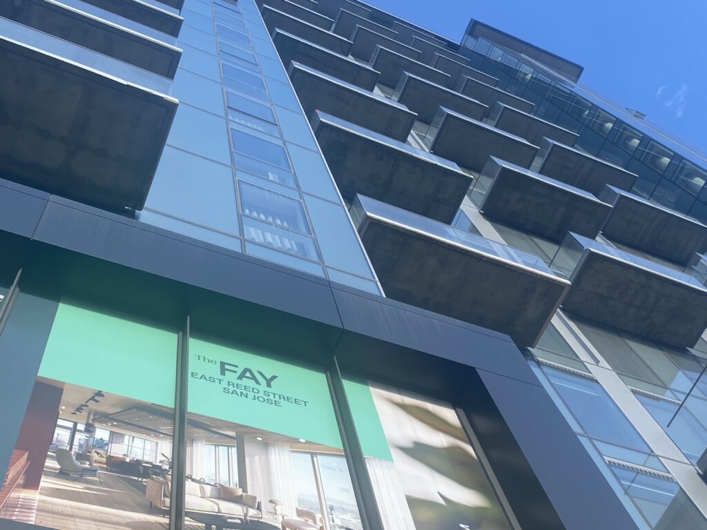 Outward facing apartments stretch up into the sky.