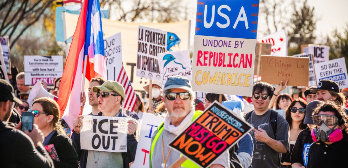 ICE OUT OF THE SUPERBOWL Protesters holding signs in Santa Clara, California