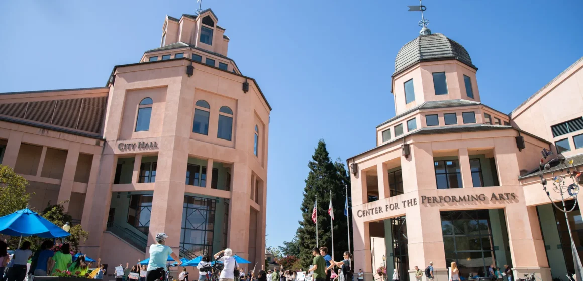 People standing in front of a performing arts building in Mountain View, California