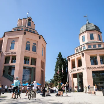 People standing in front of a performing arts building in Mountain View, California