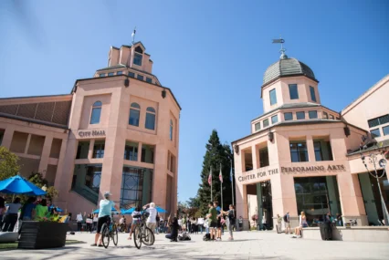 People standing in front of a performing arts building in Mountain View, California