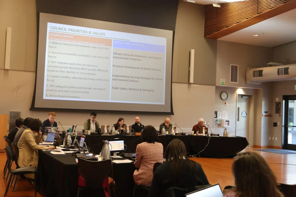 people sitting in a government chamber in Palo Alto, California
