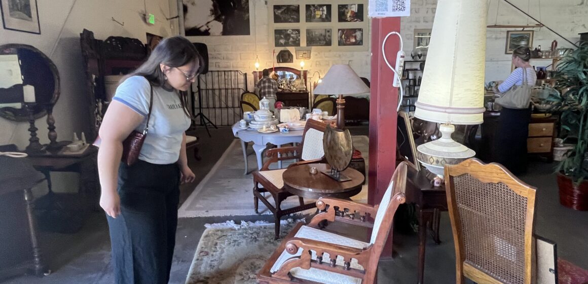 A woman looking at furniture in a thrift shop in San Jose, California