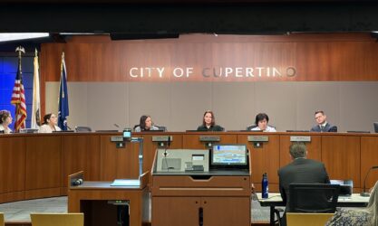 Cupertino City Council 3-17 Members of a city council behind the dais at a government meeting in Cupertino, California