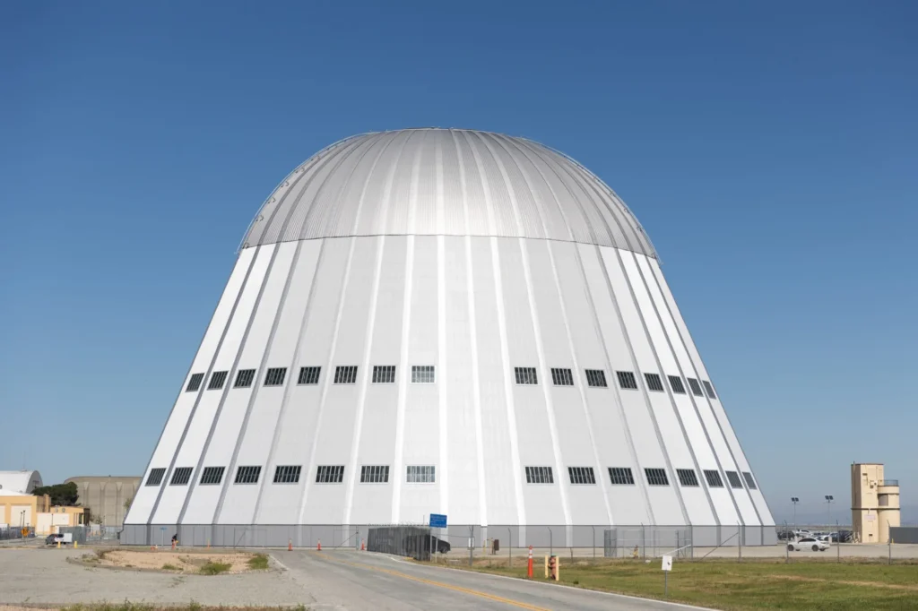 The exterior of an airplane hangar in Mountain View, California