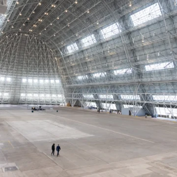 The inside of an airplane hangar in Mountain View, California