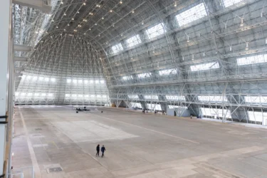 The inside of an airplane hangar in Mountain View, California