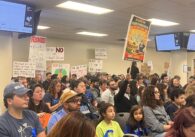 A crowd of people at a school board meeting in San Jose, California