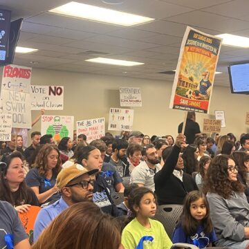 A crowd of people at a school board meeting in San Jose, California