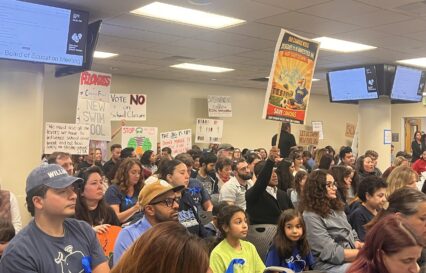 A crowd of people at a school board meeting in San Jose, California
