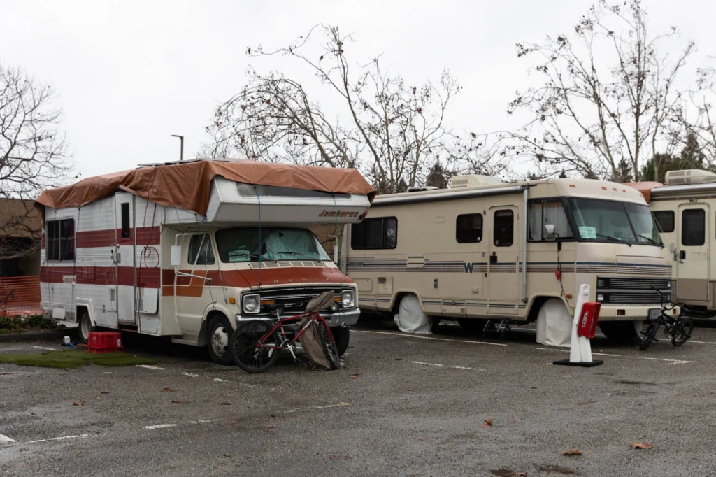 Two RVs parked in a lot in Mountain View, California