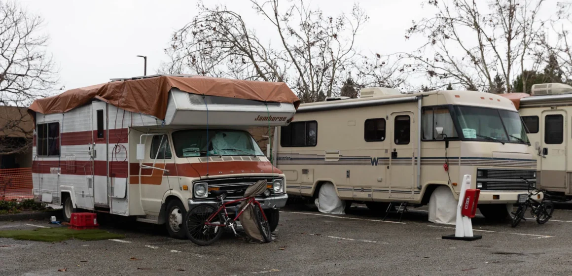 Two RVs parked in a lot in Mountain View, California