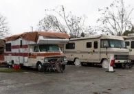 Two RVs parked in a lot in Mountain View, California