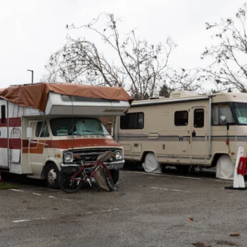 Two RVs parked in a lot in Mountain View, California