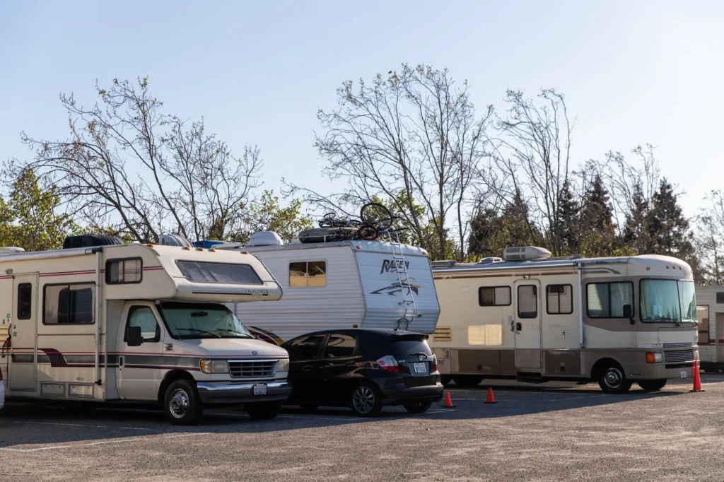 RVs parked in a lot in Mountain View, California
