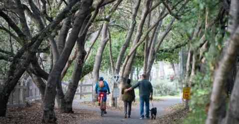 People walking on a trail near a creek in Mountain View, California