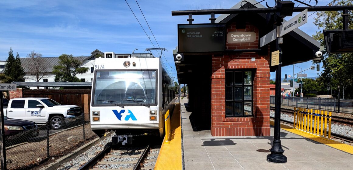 A light rail train at a station in Campbell, California