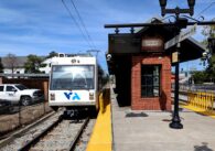 A light rail train at a station in Campbell, California