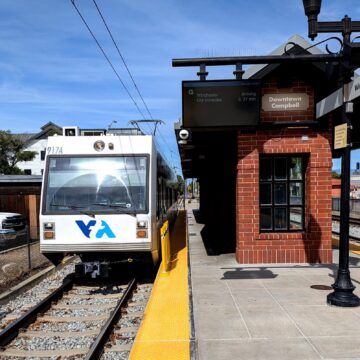 A light rail train at a station in Campbell, California