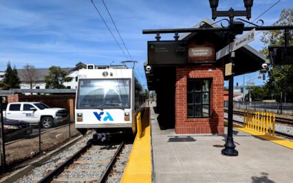 A light rail train at a station in Campbell, California