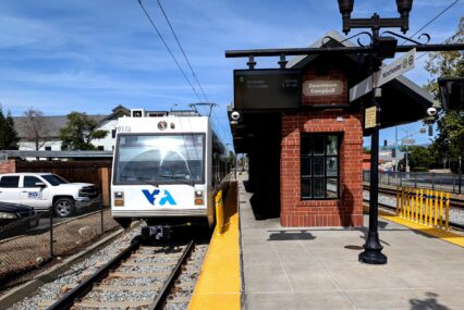 A light rail train at a station in Campbell, California