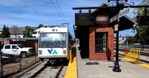 A light rail train at a station in Campbell, California