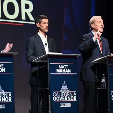 Election 2026 California Governor A group of candidates for California governor stand behind podiums on a stage during a debate