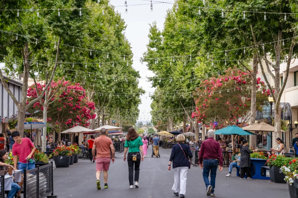 People walking down a street in Mountain View, California