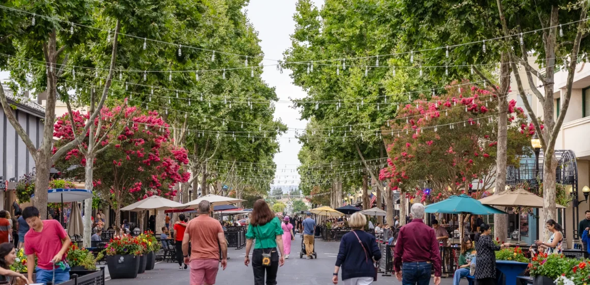 People walking down a street in Mountain View, California