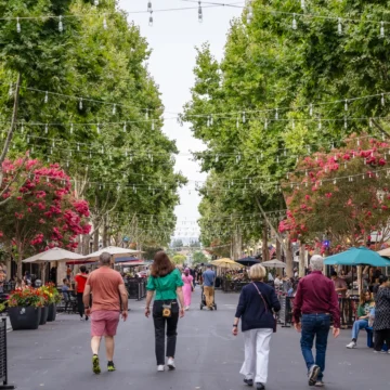 People walking down a street in Mountain View, California