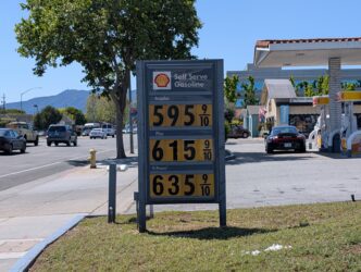 A sign at a gas station displaying prices