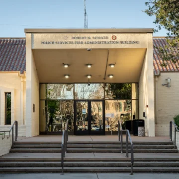 The front of a police and fire department building in Mountain View, California