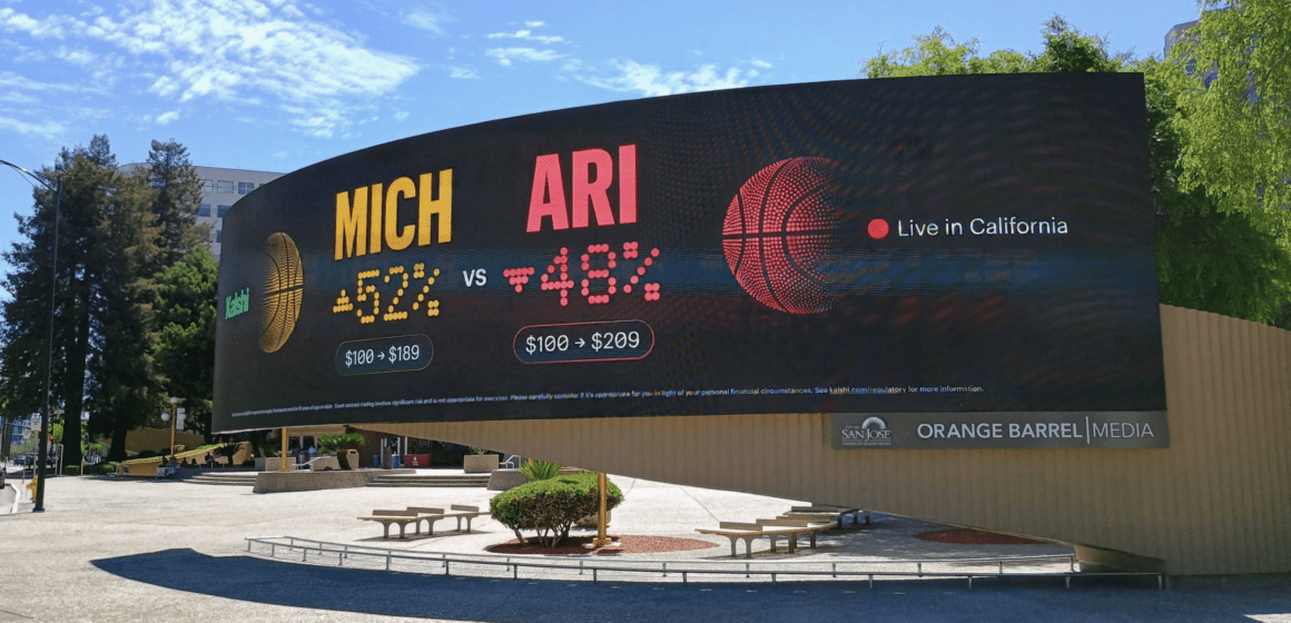 A digital sign on the outside of a performing arts center in San Jose, California
