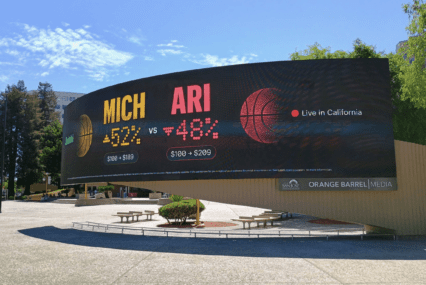 A digital sign on the outside of a performing arts center in San Jose, California