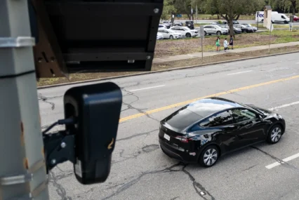 An automated license plate reader on a pole overlooking a car driving in Palo Alto, California