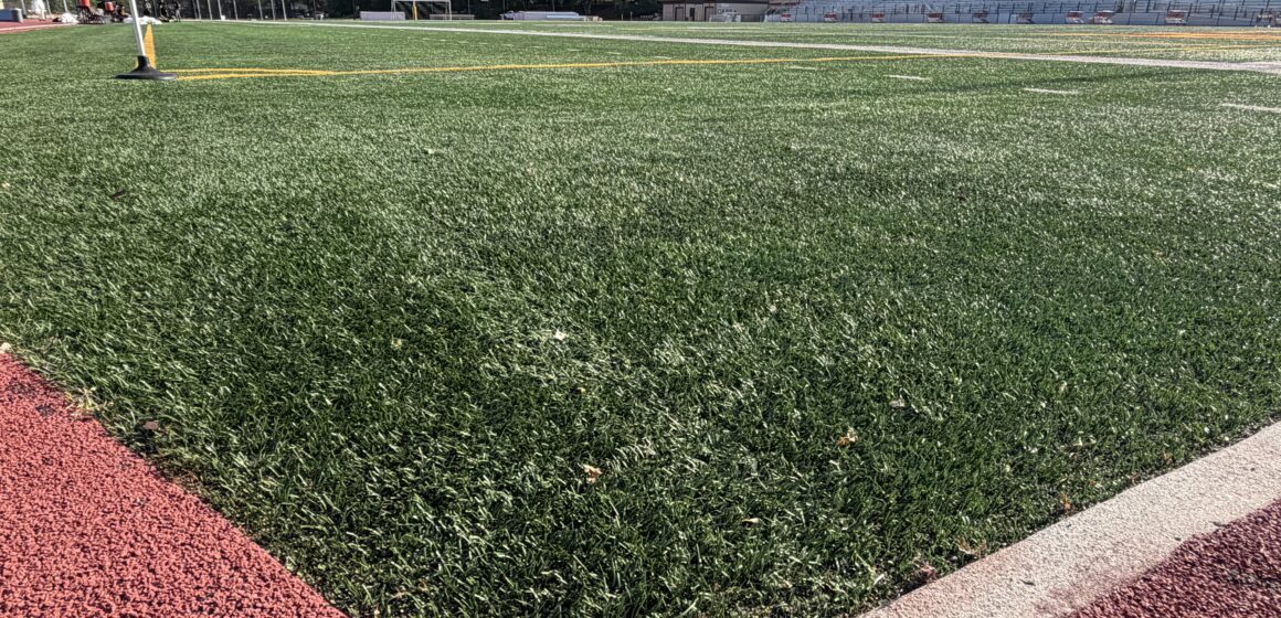 A synthetic turf athletic field at a community college in Cupertino, California