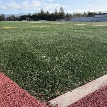 A synthetic turf athletic field at a community college in Cupertino, California