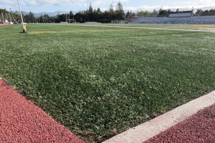 A synthetic turf athletic field at a community college in Cupertino, California