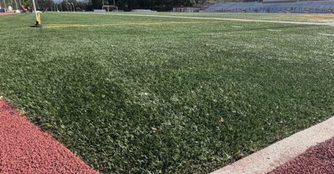 A synthetic turf athletic field at a community college in Cupertino, California