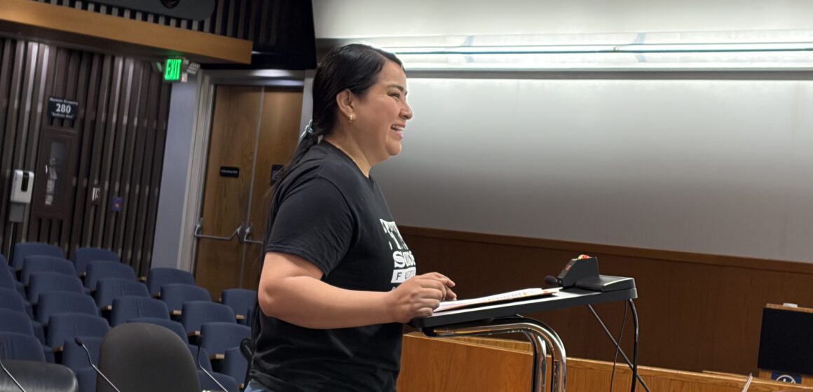 A woman standing at a podium at a government meeting