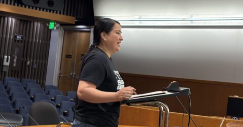 A woman standing at a podium at a government meeting