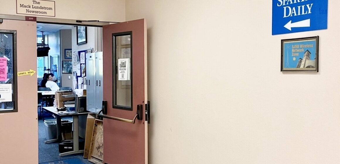 The door to a student newsroom at a university in San Jose, California