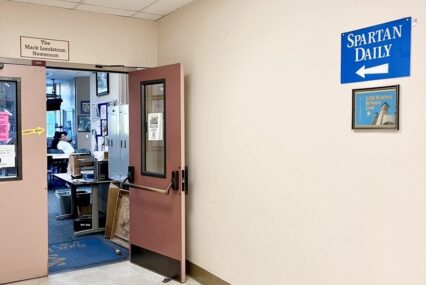 The door to a student newsroom at a university in San Jose, California