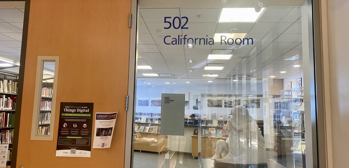 The door and window to a room in a library in San Jose, California