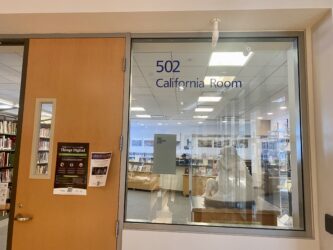 The door and window to a room in a library in San Jose, California